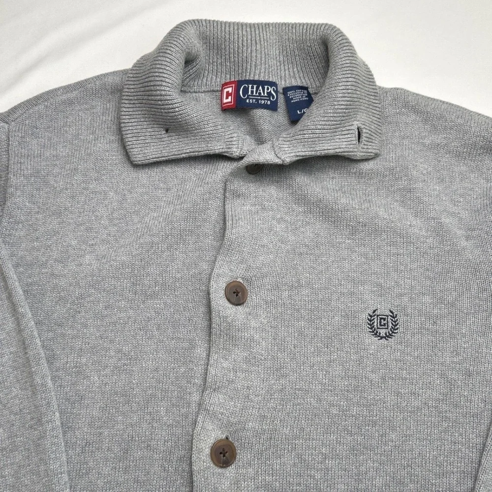 Chaps Mens Gray Button Up Cardigan Sweater Size L Cotton Preppy Academia Casual